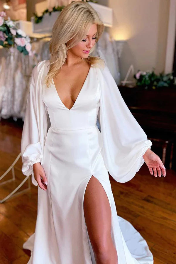 Ivory V-Neck Long Sleeve Wedding Dresses Simple Wedding Dresses
